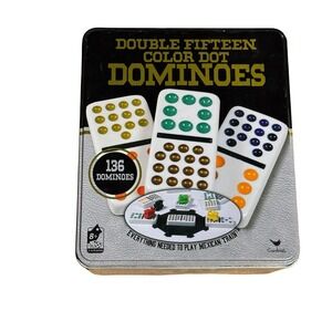 Cardinal Double Fifteen Color Dot Dominoes 136 Piece Mexican Train Set in Tin